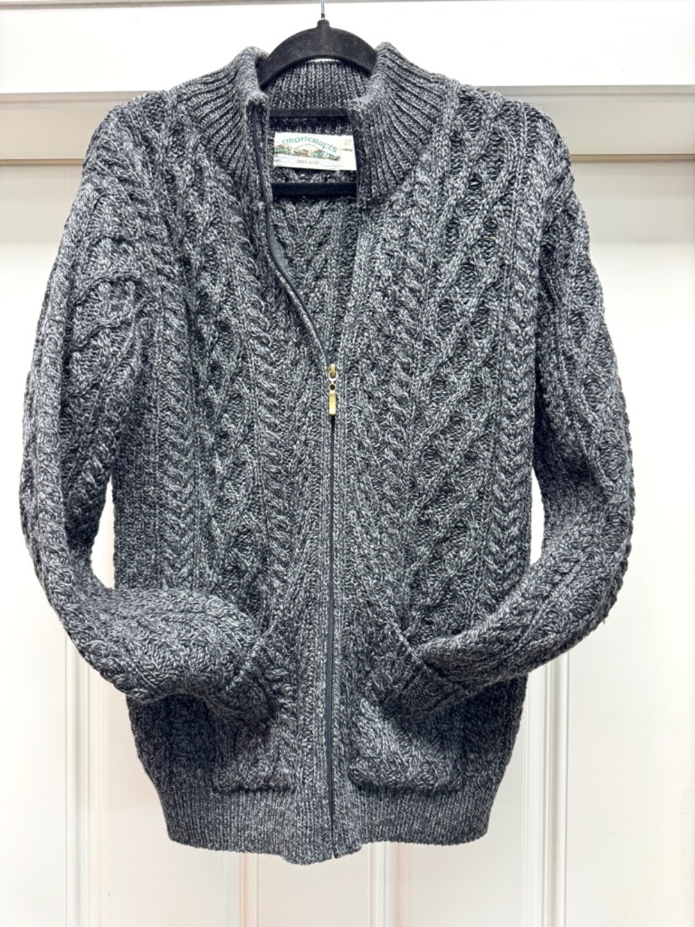 Aran Crafts Sweater Gray Ireland Merino Wool Full Zip Cable Knit Unisex